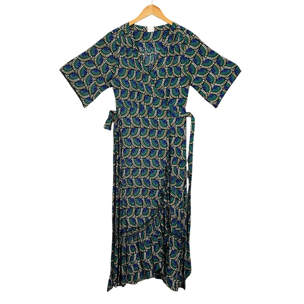 Silk & Salt Journey Wrap Dress Womens M African Peacock Maxi Ruffle Boho Chic